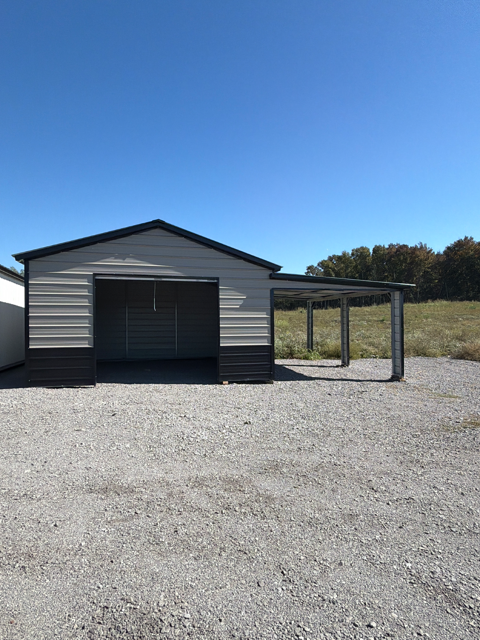 18x20x9 garage with leanto at Middle Tennessee Portable Buildings in Lewisburg, Tennessee