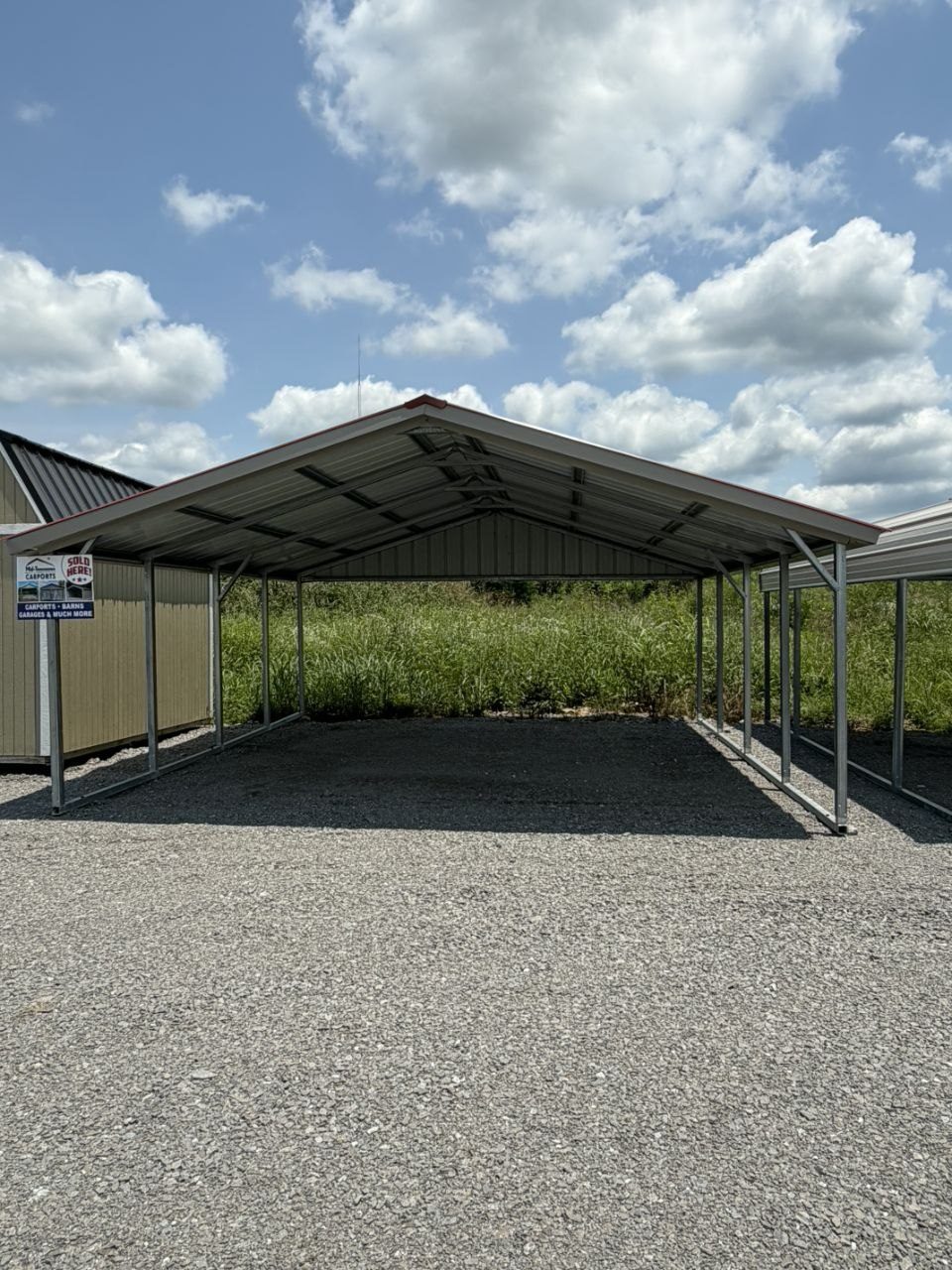 Current on-lot A-frame style metal carport at Middle Tennessee Portable Buildings in Lewisburg Tennessee